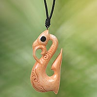 Bone pendant necklace, 'Rippled' - Abstract Bone Pendant Necklace with Leather Cord from Bali