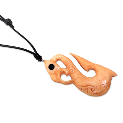 Bone pendant necklace, 'Rippled' - Abstract Bone Pendant Necklace with Leather Cord from Bali