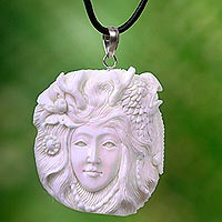 Bone and leather pendant necklace, 'Queen of the Eagles' - Bali Hand Carved Eagle Queen Necklace in Leather and Bone