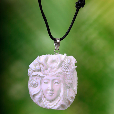 Bone and leather pendant necklace, 'Queen of the Eagles' - Bali Hand Carved Eagle Queen Necklace in Leather and Bone