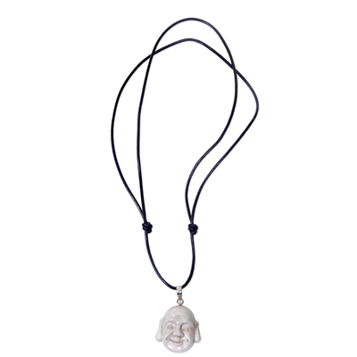 Bone and leather pendant necklace, 'Jovial Balinese Buddha' - Balinese Laughing Buddha Unisex Pendant Necklace