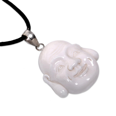 Bone and leather pendant necklace, 'Jovial Balinese Buddha' - Balinese Laughing Buddha Unisex Pendant Necklace