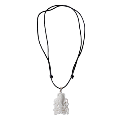 Bone and leather pendant necklace, 'White Bali Octopus' - White Octopus Pendant Necklace Hand Carved of Bone