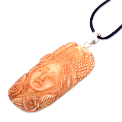 Bone pendant necklace, 'Lady of the Woods' - Carved Bone Pendant Necklace with Eagle Made in Indonesia