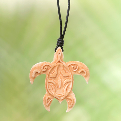 Bone pendant necklace, 'Gliding Turtle' - Turtle Bone Pendant Necklace with Leather Cord from Bali