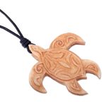 Bone pendant necklace, 'Gliding Turtle' - Turtle Bone Pendant Necklace with Leather Cord from Bali