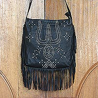 Leather shoulder bag, 'Black Java Stars'