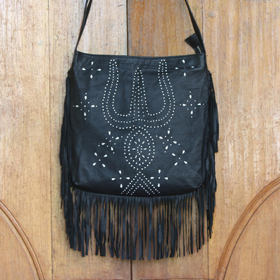 Leather shoulder bag, 'Black Java Stars' - Handmade Fringed Black Leather Shoulder Bag from Bali