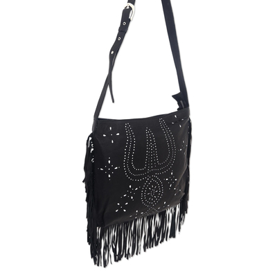 Leather shoulder bag, 'Black Java Stars' - Handmade Fringed Black Leather Shoulder Bag from Bali