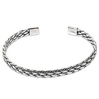 Sterling silver cuff bracelet, 'Silver Rope'