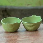 Small ceramic bowls, 'Green Banana Leaves' (pair) - Hand Made Green Ceramic Bowls (Pair) from Indonesia
