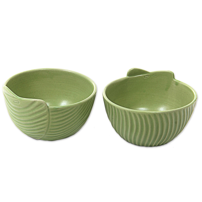 Small ceramic bowls, 'Green Banana Leaves' (pair) - Hand Made Green Ceramic Bowls (Pair) from Indonesia