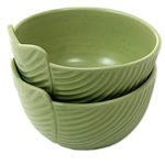 Small ceramic bowls, 'Green Banana Leaves' (pair) - Hand Made Green Ceramic Bowls (Pair) from Indonesia