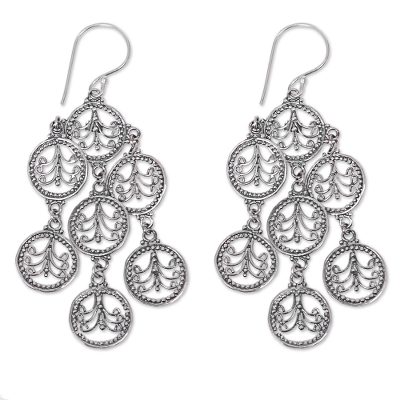 Sterling silver chandelier earrings, 'Dancing Lace Medallions' - Feminine Sterling Silver Chandelier Earrings Crafted in Bali