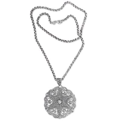 Sterling silver pendant necklace, 'Bouquet of Hearts' - Indonesian Handcrafted Lacy Sterling Silver Heart Necklace
