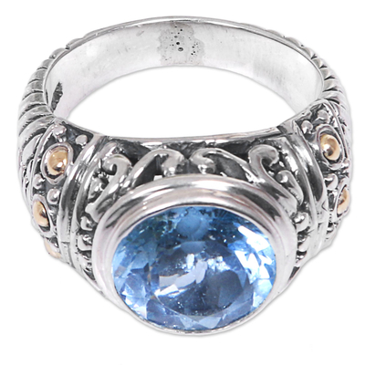 Gold accent blue topaz cocktail ring, 'Rembulan Sparkle' - Handcrafted Gold Accent Sterling Silver Ring with Blue Topaz