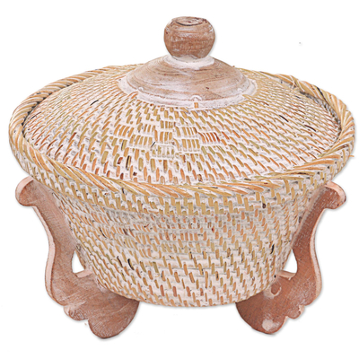 Wood and natural fiber box, 'White Sambelia' - White Washed Natural Fiber Decorative Box with Wood Stand