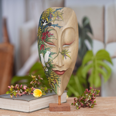 Máscara de madera - Máscara de Mujer de Madera de Hibisco con Motivo de Bosque y Aves