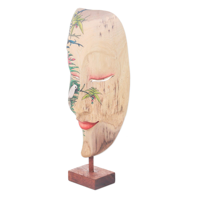 Wood mask, 'Forest Beauty' - Hibiscus Wood Mask of Woman with Forest and Bird Motif