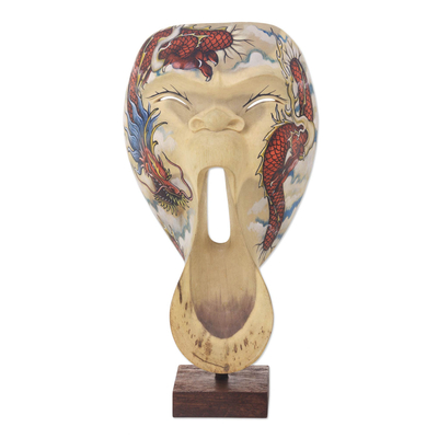 Máscara de madera - Máscara de madera de hibisco balinés con tema de dragón en soporte
