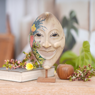Wood mask, 'Smiling Moon Man' - Artisan Crafted Hand Painted Moon Mask and Stand from Bali