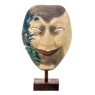 Hand Carved and Painted Modern Balinese Mask and Stand