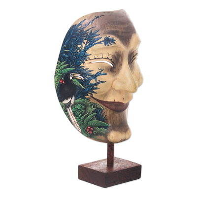 Wood mask, 'Blissful Smile' - Hand Carved and Painted Modern Balinese Mask and Stand