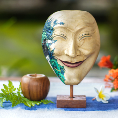 Máscara de madera - Soporte y máscara balinesa moderna tallada y pintada a mano