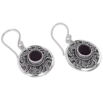 Garnet dangle earrings, 'Balinese Aura' - Handcrafted Balinese Sterling Silver Garnet Earrings