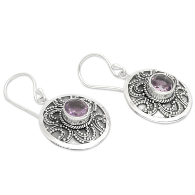 Amethyst dangle earrings, 'Balinese Aura' - Balinese Fair Trade Amethyst Sterling Silver Earrings