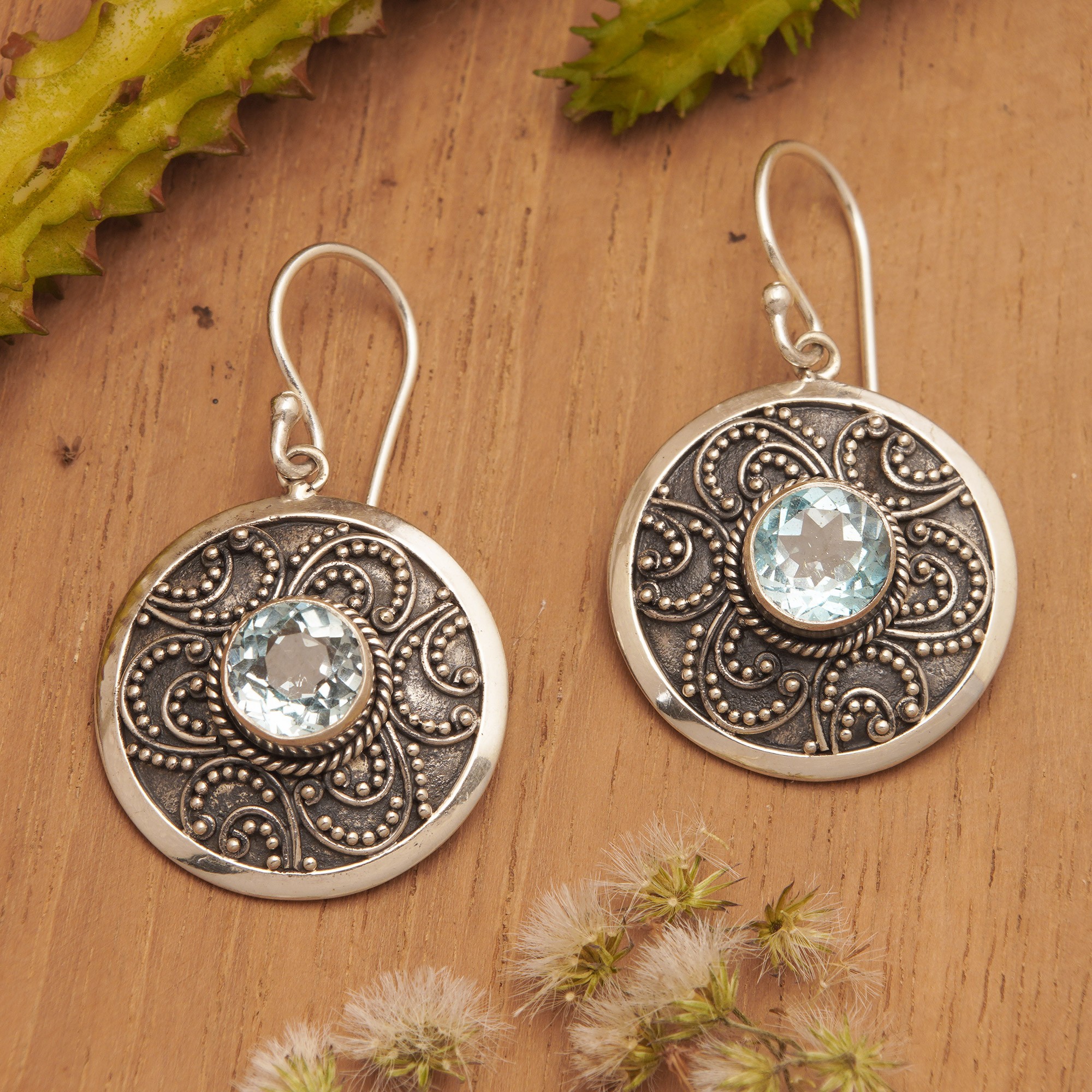 Traditional Balinese Silver Earrings with Blue Topaz Balinese Aura