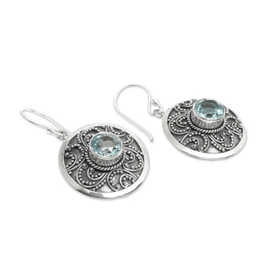 Blue topaz dangle earrings, 'Balinese Aura' - Traditional Balinese Silver Earrings with Blue Topaz