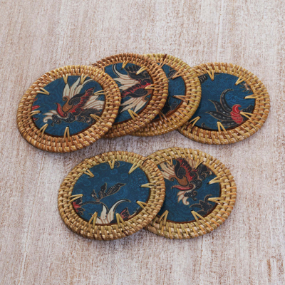Batik cotton and ate grass coasters, 'Lombok Taste in Blue' (set of 6) - Hand Made Batik Cotton Coasters Blue (Set of 6) Indonesia