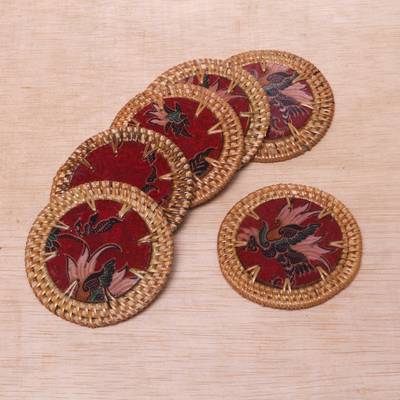 Batik cotton and ate grass coasters, 'Lombok Taste in Red' (set of 6) - Handmade Batik Cotton Coasters from Indonesia (Set of 6)