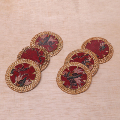 Untersetzer aus Batik-Baumwolle und Fichtengras, (6er-Set) - Handgefertigte Untersetzer aus Batik-Baumwolle aus Indonesien (6er-Set)