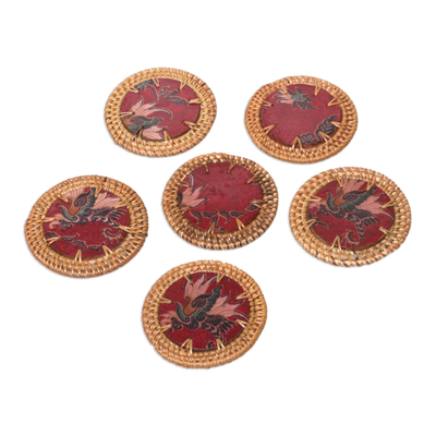 Batik cotton and ate grass coasters, 'Lombok Taste in Red' (set of 6) - Handmade Batik Cotton Coasters from Indonesia (Set of 6)
