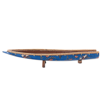 Batik coconut flower husk decorative accent, 'Floral Canoe in Blue' - Decorative Accent Batik Canoe in Blue from Indonesia