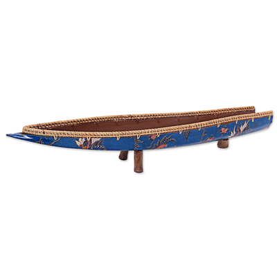 Batik coconut flower husk decorative accent, 'Floral Canoe in Blue' - Decorative Accent Batik Canoe in Blue from Indonesia