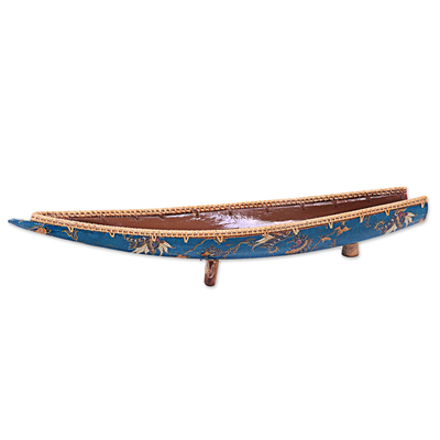Batik coconut flower husk decorative accent, 'Lombok Canoe in Blue' - Coconut Flower Husk Batik Home Accent Boat in Blue