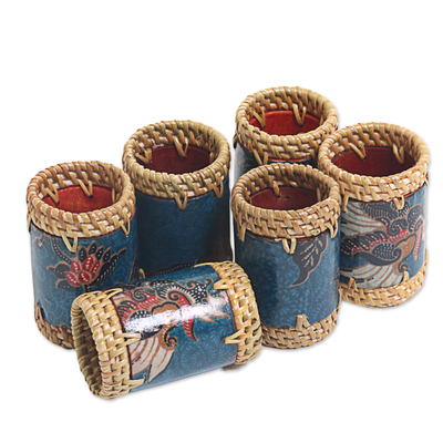Batik cotton and ate grass napkin rings, 'Lombok Flowers in Blue' (set of 6) - Batik Napkin Rings Floral Blue (Set of 6) Indonesia