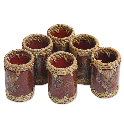 Batik cotton and ate grass napkin rings, 'Lombok Flowers in Brown' (set of 6) - Batik Napkin Rings Floral Brown (Set of 6) from Indonesia