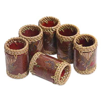 Batik cotton and ate grass napkin rings, 'Lombok Flowers in Brown' (set of 6) - Batik Napkin Rings Floral Brown (Set of 6) from Indonesia