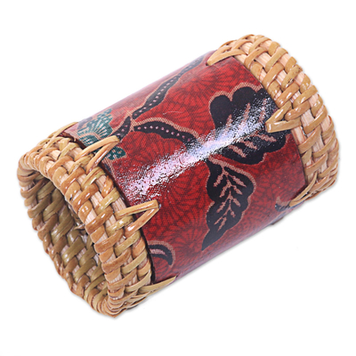 Batik cotton and ate grass napkin rings, 'Lombok Flowers in Red' (set of 6) - Batik Napkin Rings Floral Red (Set of 6) Indonesia