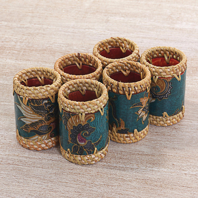 Batik cotton and ate grass napkin rings, 'Lombok Flowers in Teal' (set of 6) - Ate Grass Batik Napkin Rings Teal (Set of 6) from Indonesia