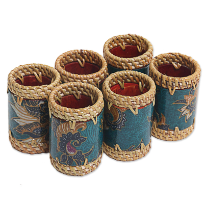 Batik cotton and ate grass napkin rings, 'Lombok Flowers in Teal' (set of 6) - Ate Grass Batik Napkin Rings Teal (Set of 6) from Indonesia