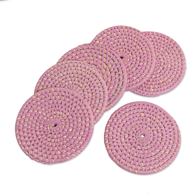 Bamboo coasters, 'Lombok Pleasure in Orchid' (set of 6) - Hand Woven Orchid Coasters (Set of 6) from Indonesia