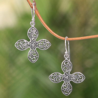 Sterling silver dangle earrings, 'Melati Cross' - Handcrafted Floral Silver Cross Shaped Earrings from Bali