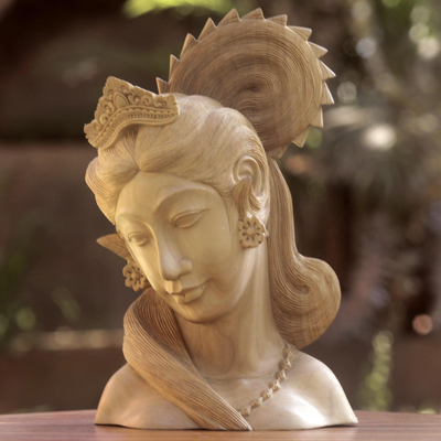Hand Carved Wood Sculpture Bust of Woman from Indonesia, 'Balinese Beauty