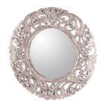 Wood wall mirror, 'Balinese Garden' - Engraved Floral Motif Whitewash Round Wood Mirror