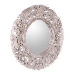 Wood wall mirror, 'Balinese Garden' - Engraved Floral Motif Whitewash Round Wood Mirror